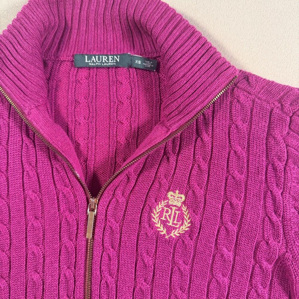 Lauren Ralph Lauren Sz. XS Zip-Up Cardigan Pink 100% Cotton Crest Logo Mock Neck